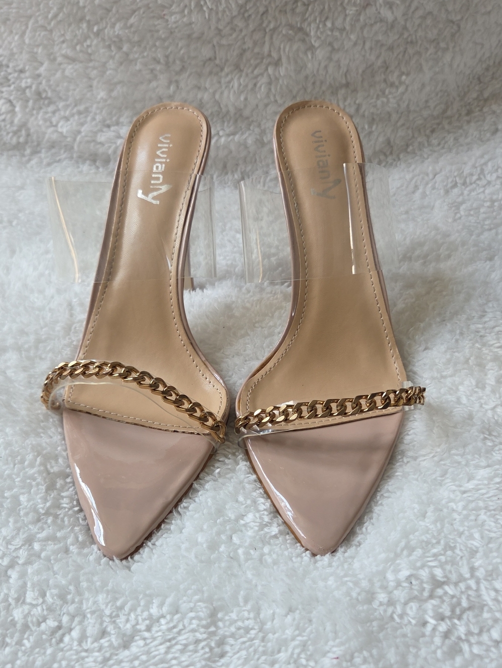 Viviana Blush Patent Pointed Toe Slide Mules with Gold Chain